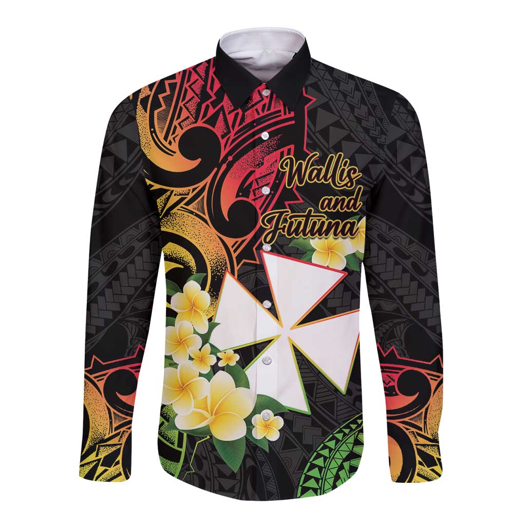 Wallis and Futuna Victory Day Long Sleeve Button Shirt Liberty Equality Fraternity Polynesian Plumeria