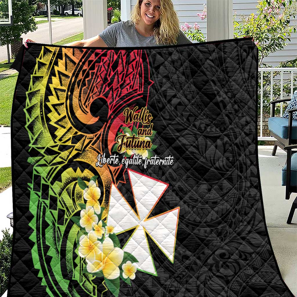Wallis and Futuna Victory Day Quilt Liberty Equality Fraternity Polynesian Plumeria LT14 Black - Polynesian Pride