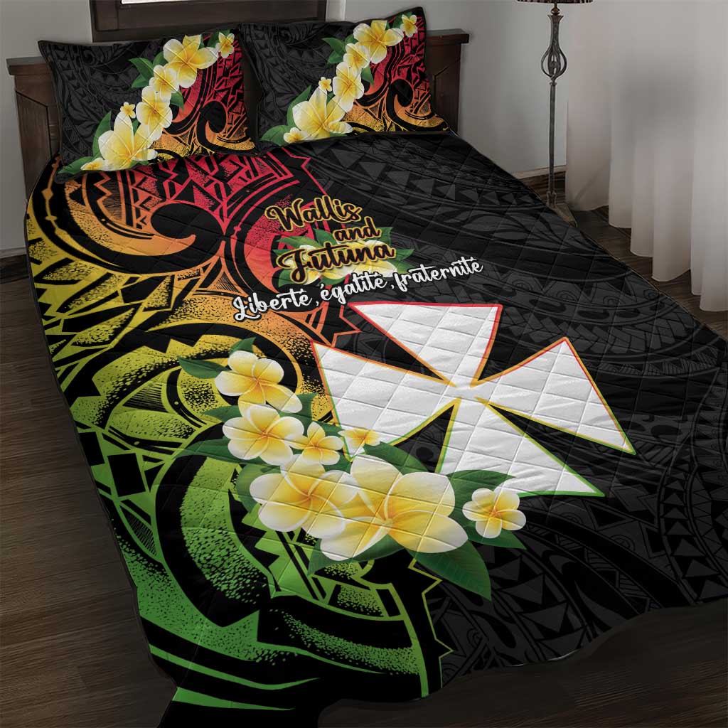 Wallis and Futuna Victory Day Quilt Bed Set Liberty Equality Fraternity Polynesian Plumeria LT14 Black - Polynesian Pride