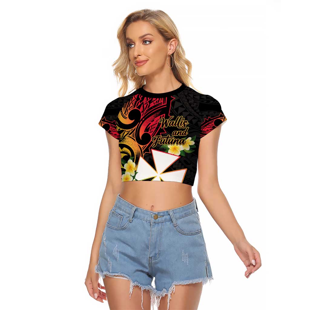 Wallis and Futuna Victory Day Raglan Cropped T Shirt Liberty Equality Fraternity Polynesian Plumeria