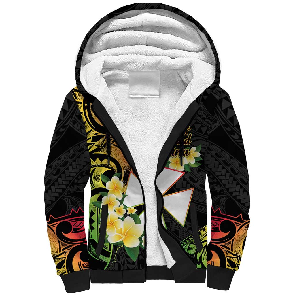 Wallis and Futuna Victory Day Sherpa Hoodie Liberty Equality Fraternity Polynesian Plumeria