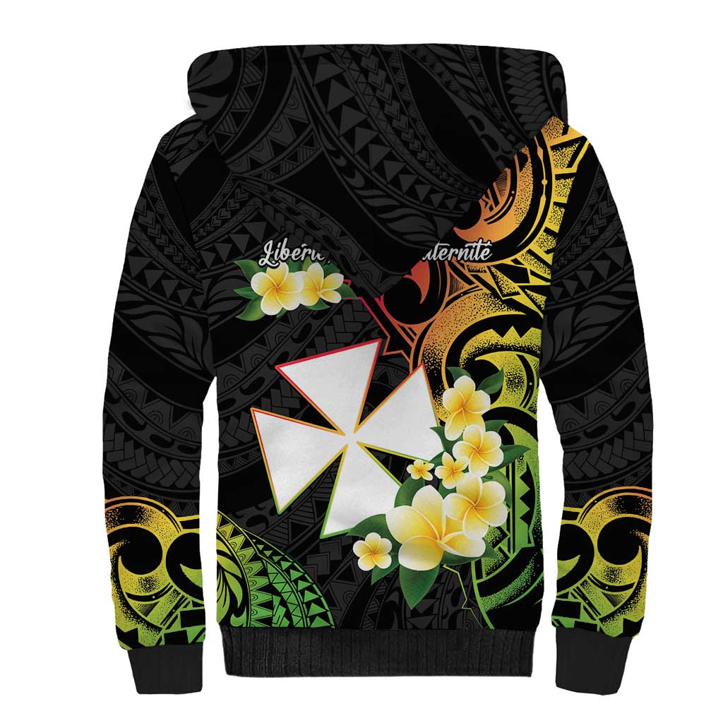 Wallis and Futuna Victory Day Sherpa Hoodie Liberty Equality Fraternity Polynesian Plumeria