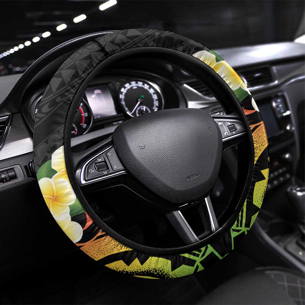 Wallis and Futuna Victory Day Steering Wheel Cover Liberty Equality Fraternity Polynesian Plumeria LT14 Universal Fit Black - Polynesian Pride