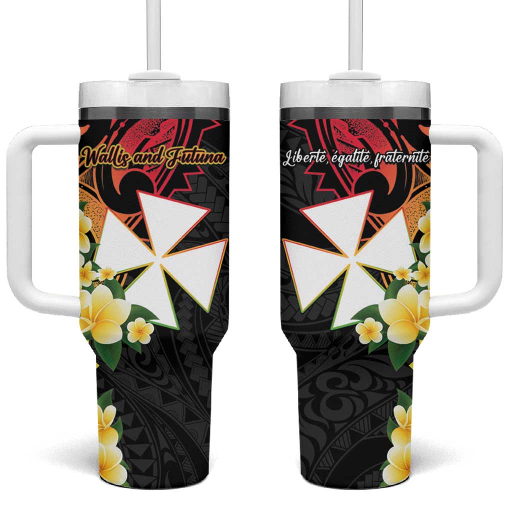 Wallis and Futuna Victory Day Tumbler With Handle Liberty Equality Fraternity Polynesian Plumeria