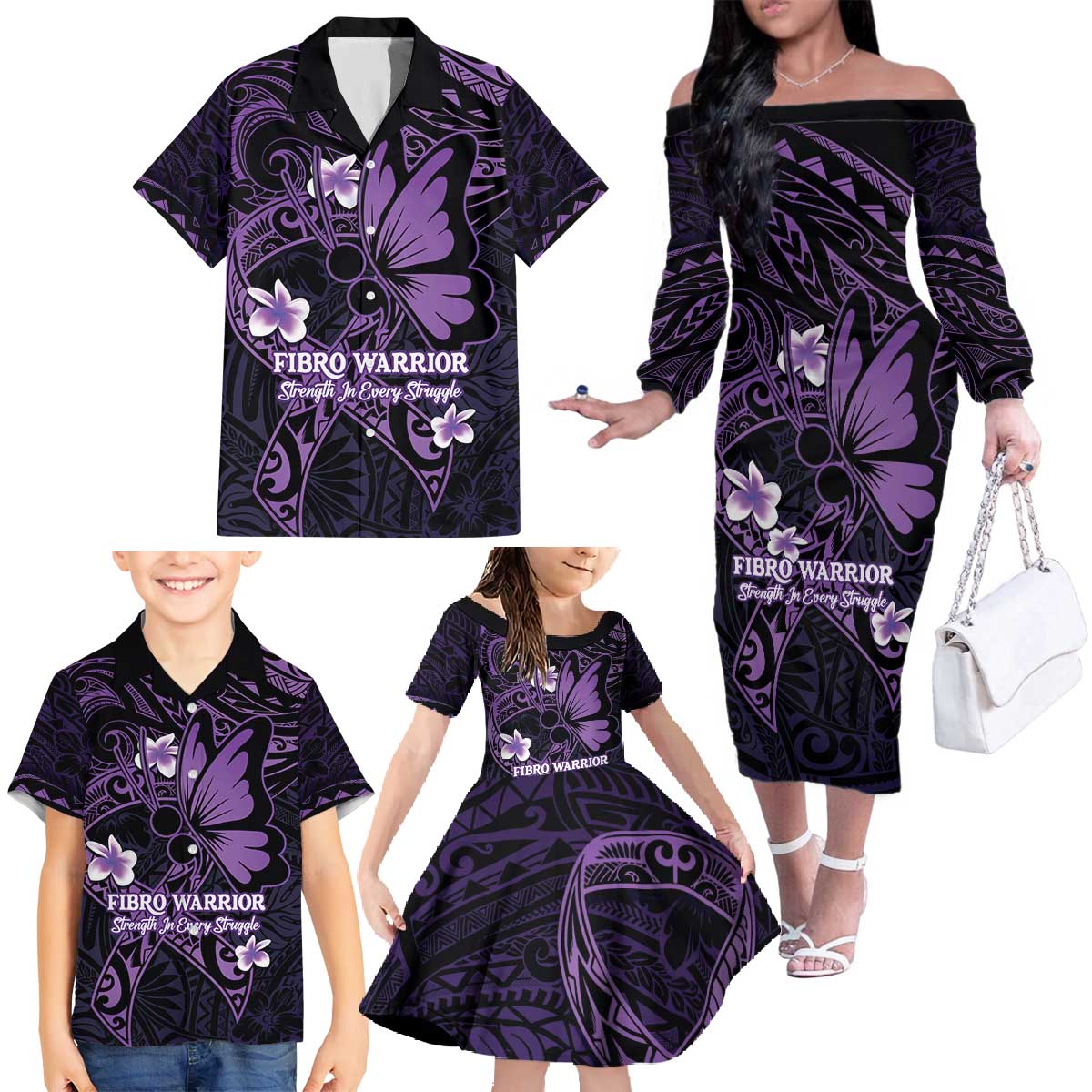 Personalised Fibromyalgia Awareness Month Family Matching Off The Shoulder Long Sleeve Dress and Hawaiian Shirt Fibro Warrior Strength In Every Struggle