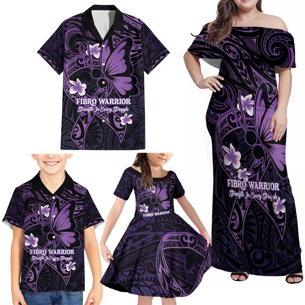 Personalised Fibromyalgia Awareness Month Family Matching Off Shoulder Maxi Dress and Hawaiian Shirt Fibro Warrior Strength In Every Struggle