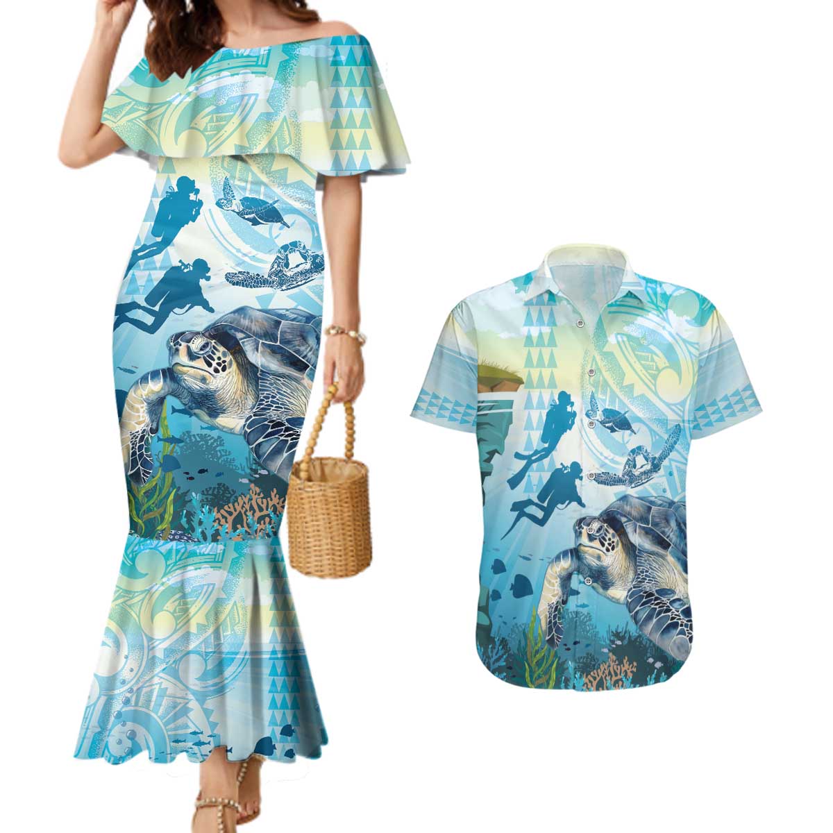 Personalized Snorkeling Hawaii Couples Matching Mermaid Dress and Hawaiian Shirt Ocean Lover Hawaiian Kakau Honu Turtle