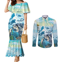 Personalized Snorkeling Hawaii Couples Matching Mermaid Dress and Long Sleeve Button Shirt Ocean Lover Hawaiian Kakau Honu Turtle