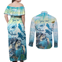 Personalized Snorkeling Hawaii Couples Matching Off Shoulder Maxi Dress and Long Sleeve Button Shirt Ocean Lover Hawaiian Kakau Honu Turtle