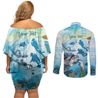 Personalized Snorkeling Hawaii Couples Matching Off Shoulder Short Dress and Long Sleeve Button Shirt Ocean Lover Hawaiian Kakau Honu Turtle