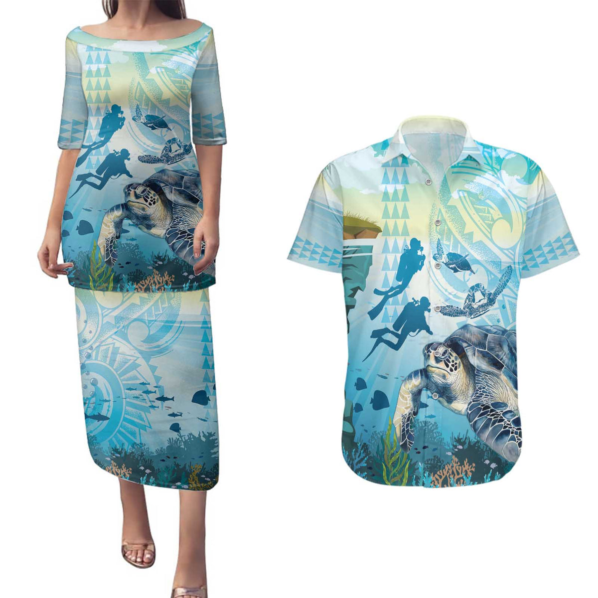 Personalized Snorkeling Hawaii Couples Matching Puletasi and Hawaiian Shirt Ocean Lover Hawaiian Kakau Honu Turtle
