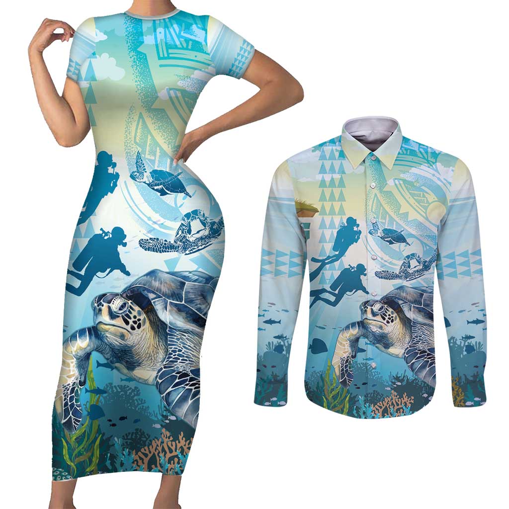 Personalized Snorkeling Hawaii Couples Matching Short Sleeve Bodycon Dress and Long Sleeve Button Shirt Ocean Lover Hawaiian Kakau Honu Turtle