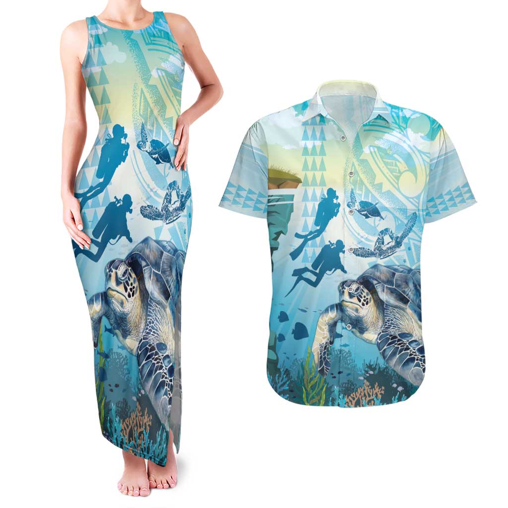 Personalized Snorkeling Hawaii Couples Matching Tank Maxi Dress and Hawaiian Shirt Ocean Lover Hawaiian Kakau Honu Turtle