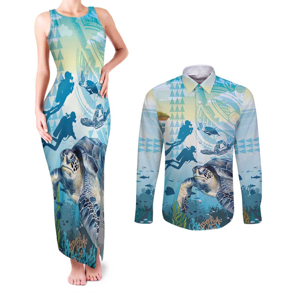 Personalized Snorkeling Hawaii Couples Matching Tank Maxi Dress and Long Sleeve Button Shirt Ocean Lover Hawaiian Kakau Honu Turtle