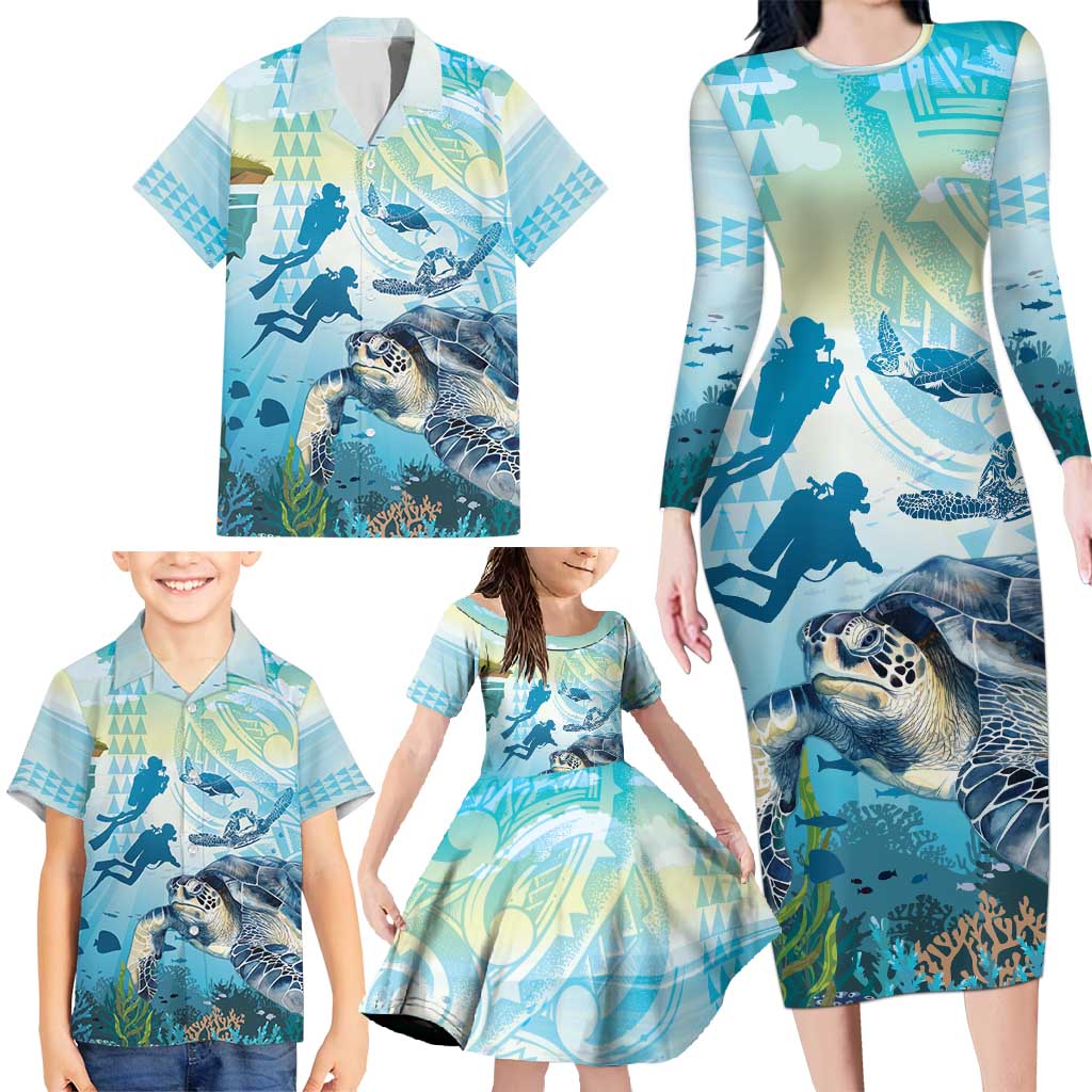 Personalized Snorkeling Hawaii Family Matching Long Sleeve Bodycon Dress and Hawaiian Shirt Ocean Lover Hawaiian Kakau Honu Turtle
