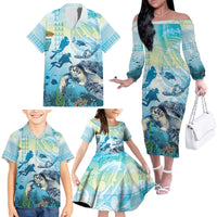 Personalized Snorkeling Hawaii Family Matching Off The Shoulder Long Sleeve Dress and Hawaiian Shirt Ocean Lover Hawaiian Kakau Honu Turtle