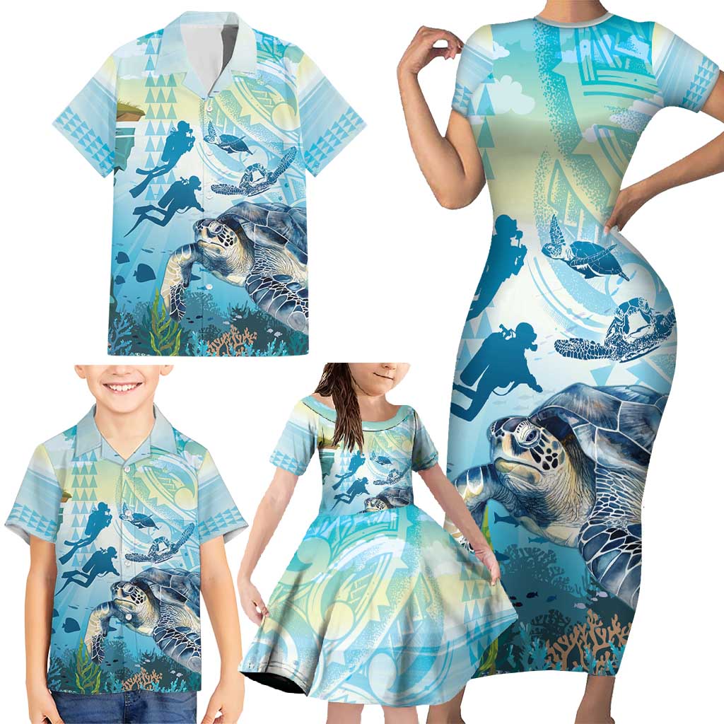 Personalized Snorkeling Hawaii Family Matching Short Sleeve Bodycon Dress and Hawaiian Shirt Ocean Lover Hawaiian Kakau Honu Turtle