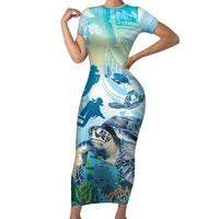 Personalized Snorkeling Hawaii Family Matching Short Sleeve Bodycon Dress and Hawaiian Shirt Ocean Lover Hawaiian Kakau Honu Turtle
