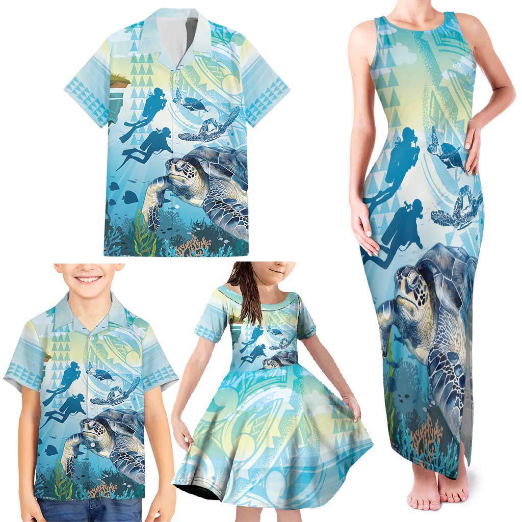 Personalized Snorkeling Hawaii Family Matching Tank Maxi Dress and Hawaiian Shirt Ocean Lover Hawaiian Kakau Honu Turtle