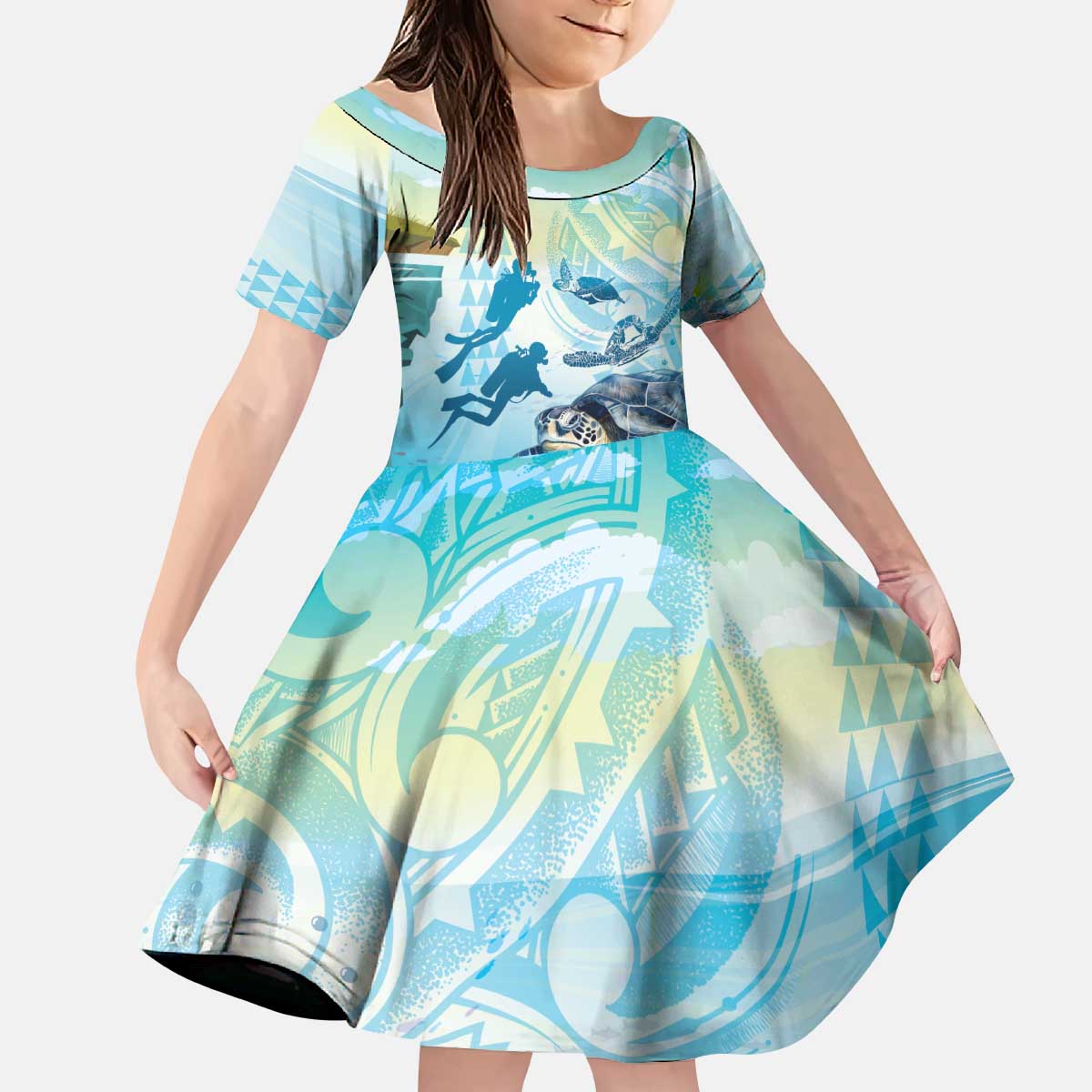 Personalized Snorkeling Hawaii Kid Short Sleeve Dress Ocean Lover Hawaiian Kakau Honu Turtle
