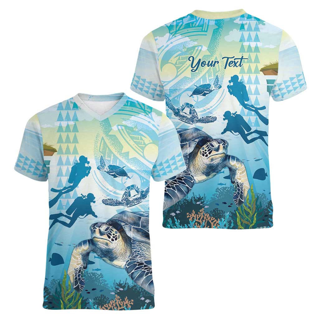 Personalized Snorkeling Hawaii Women V-Neck T-Shirt Ocean Lover Hawaiian Kakau Honu Turtle