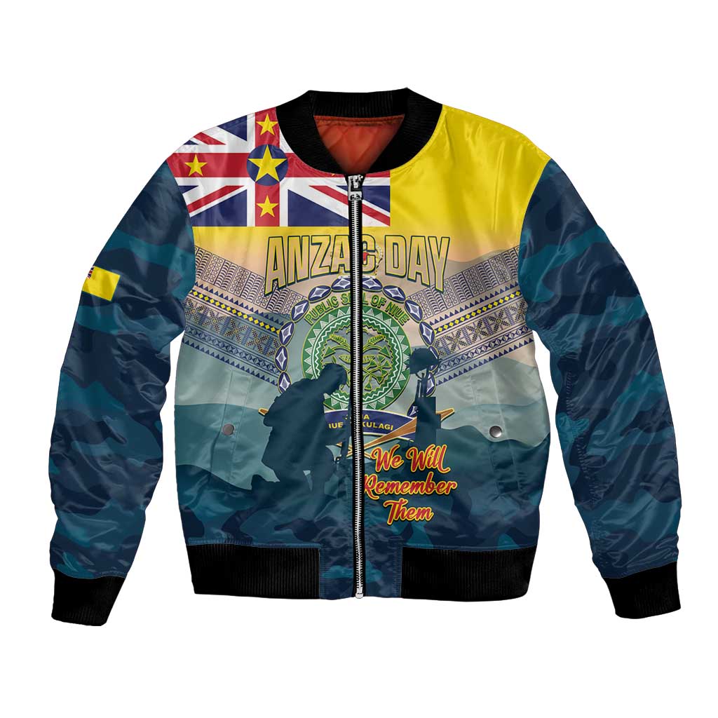Niue ANZAC Day Bomber Jacket We Will Remember Them Camouflage Style LT14 Unisex Yellow - Polynesian Pride