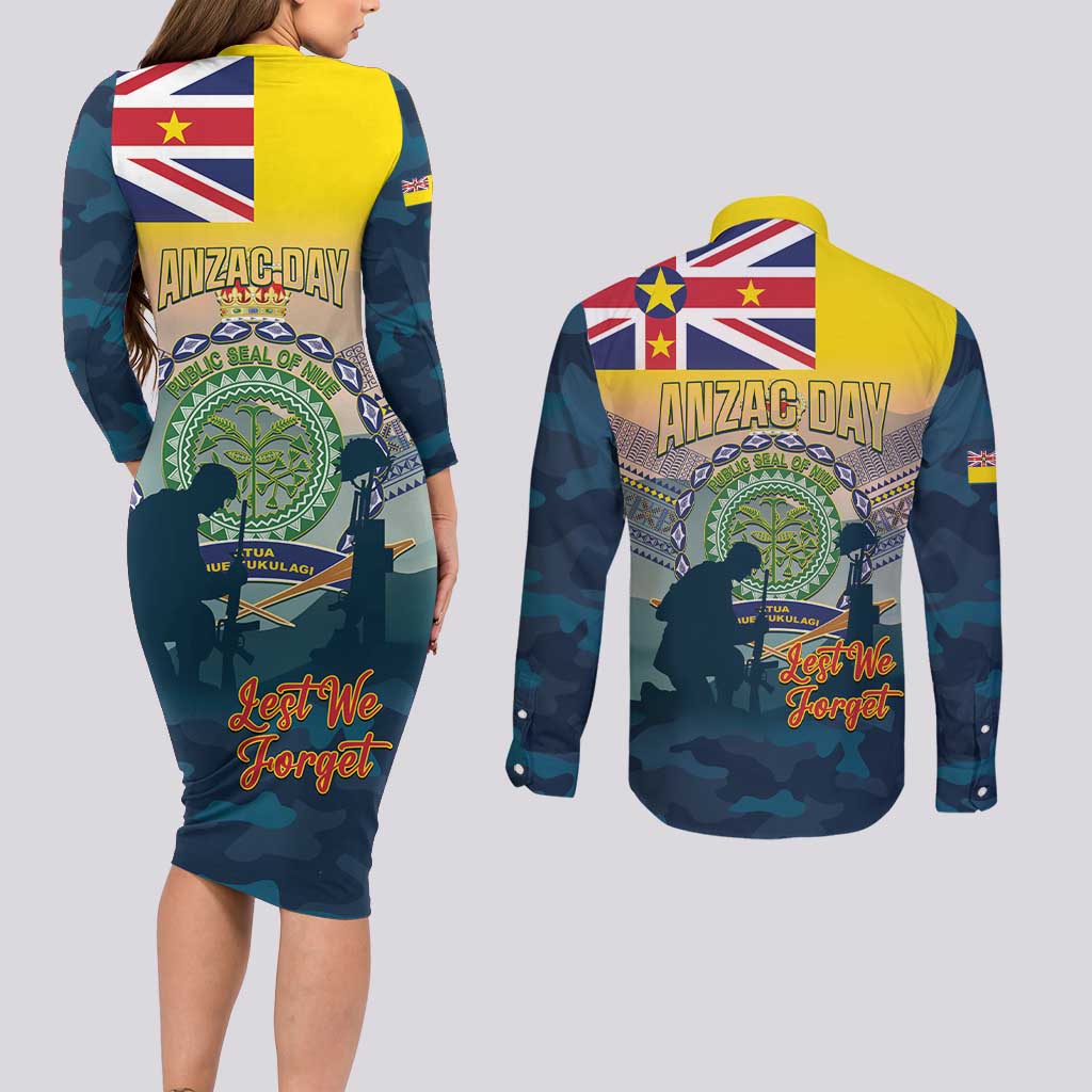 Niue ANZAC Day Couples Matching Long Sleeve Bodycon Dress and Long Sleeve Button Shirt We Will Remember Them Camouflage Style