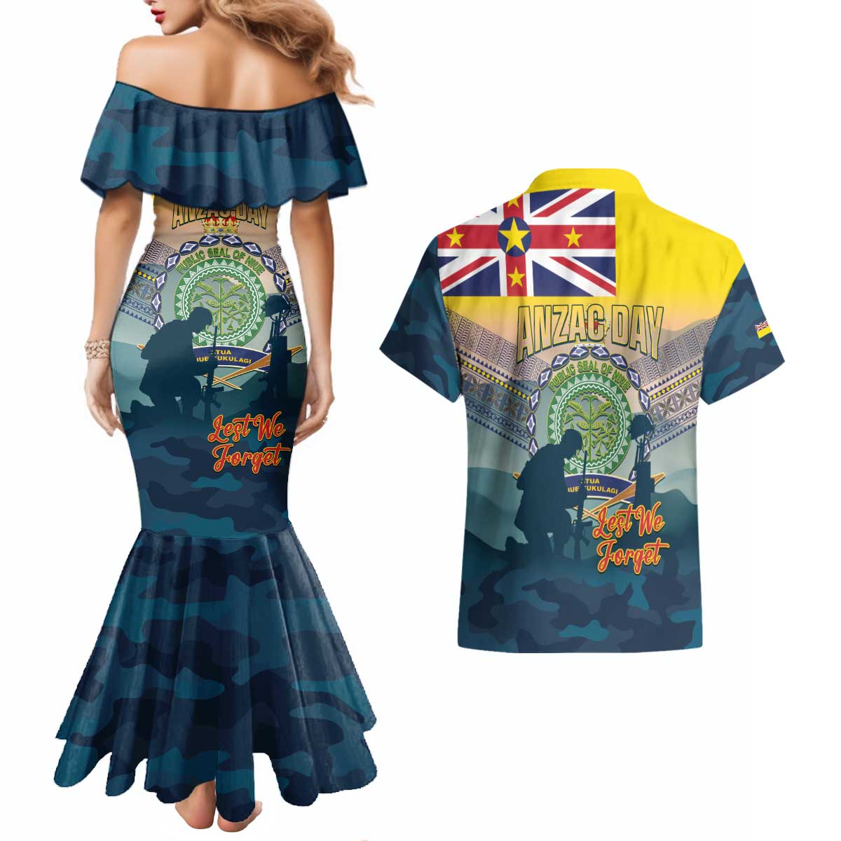 Niue ANZAC Day Couples Matching Mermaid Dress and Hawaiian Shirt We Will Remember Them Camouflage Style