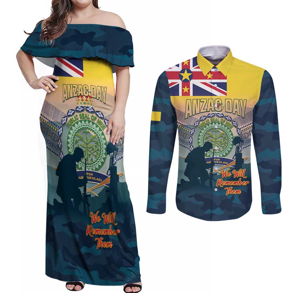 Niue ANZAC Day Couples Matching Off Shoulder Maxi Dress and Long Sleeve Button Shirt We Will Remember Them Camouflage Style