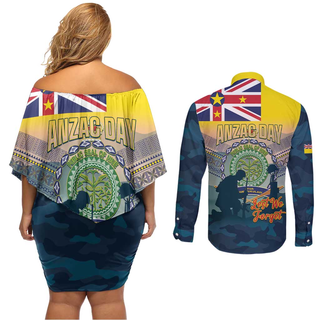 Niue ANZAC Day Couples Matching Off Shoulder Short Dress and Long Sleeve Button Shirt We Will Remember Them Camouflage Style