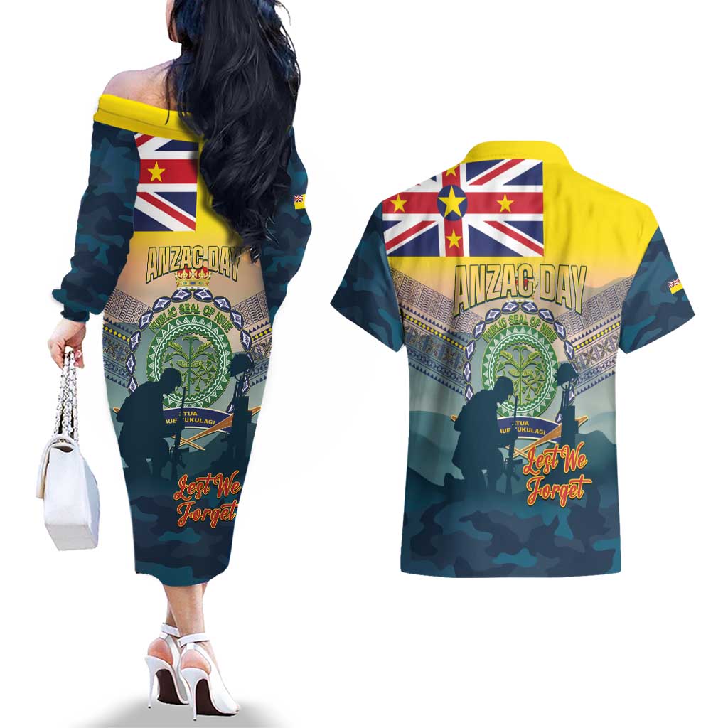 Niue ANZAC Day Couples Matching Off The Shoulder Long Sleeve Dress and Hawaiian Shirt We Will Remember Them Camouflage Style