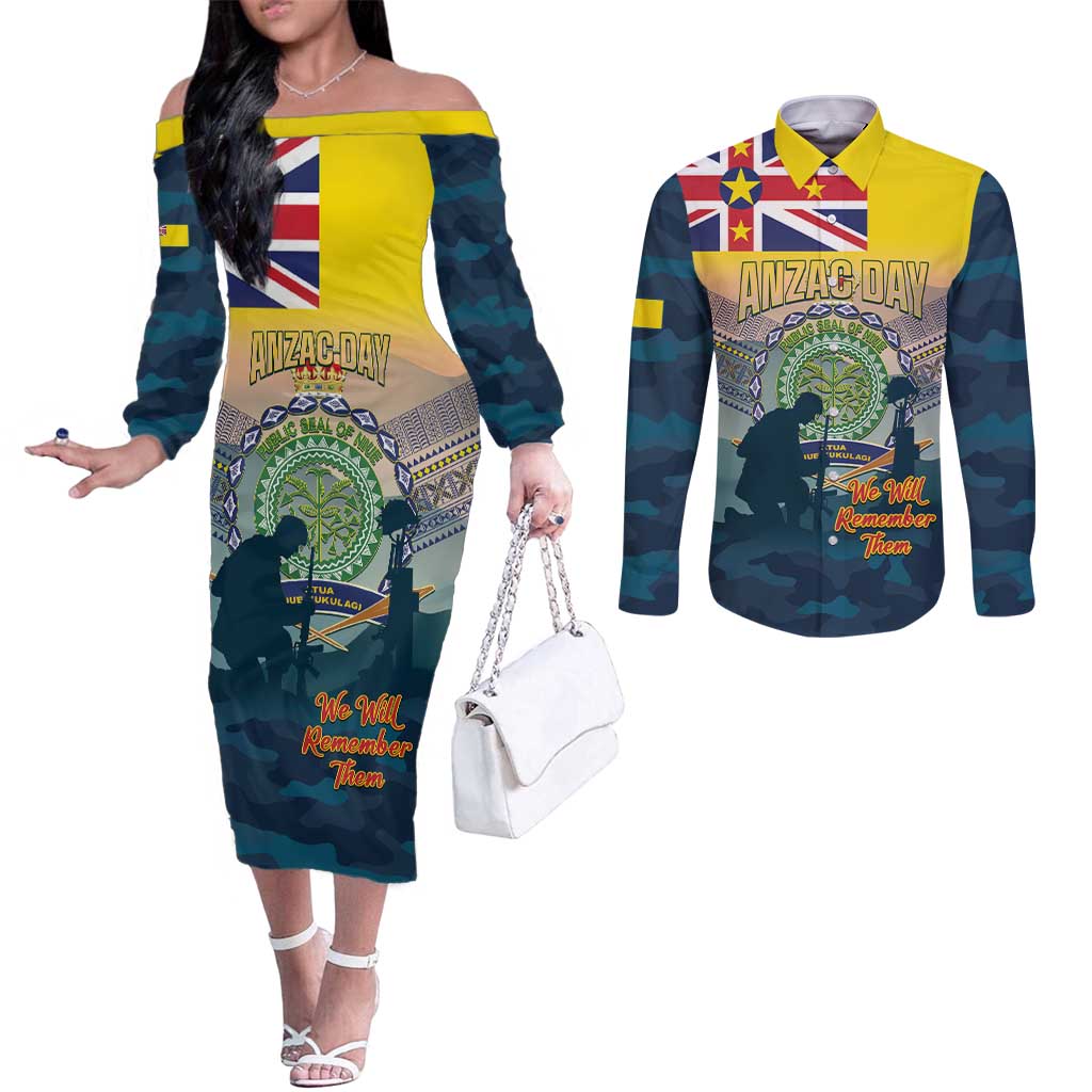 Niue ANZAC Day Couples Matching Off The Shoulder Long Sleeve Dress and Long Sleeve Button Shirt We Will Remember Them Camouflage Style