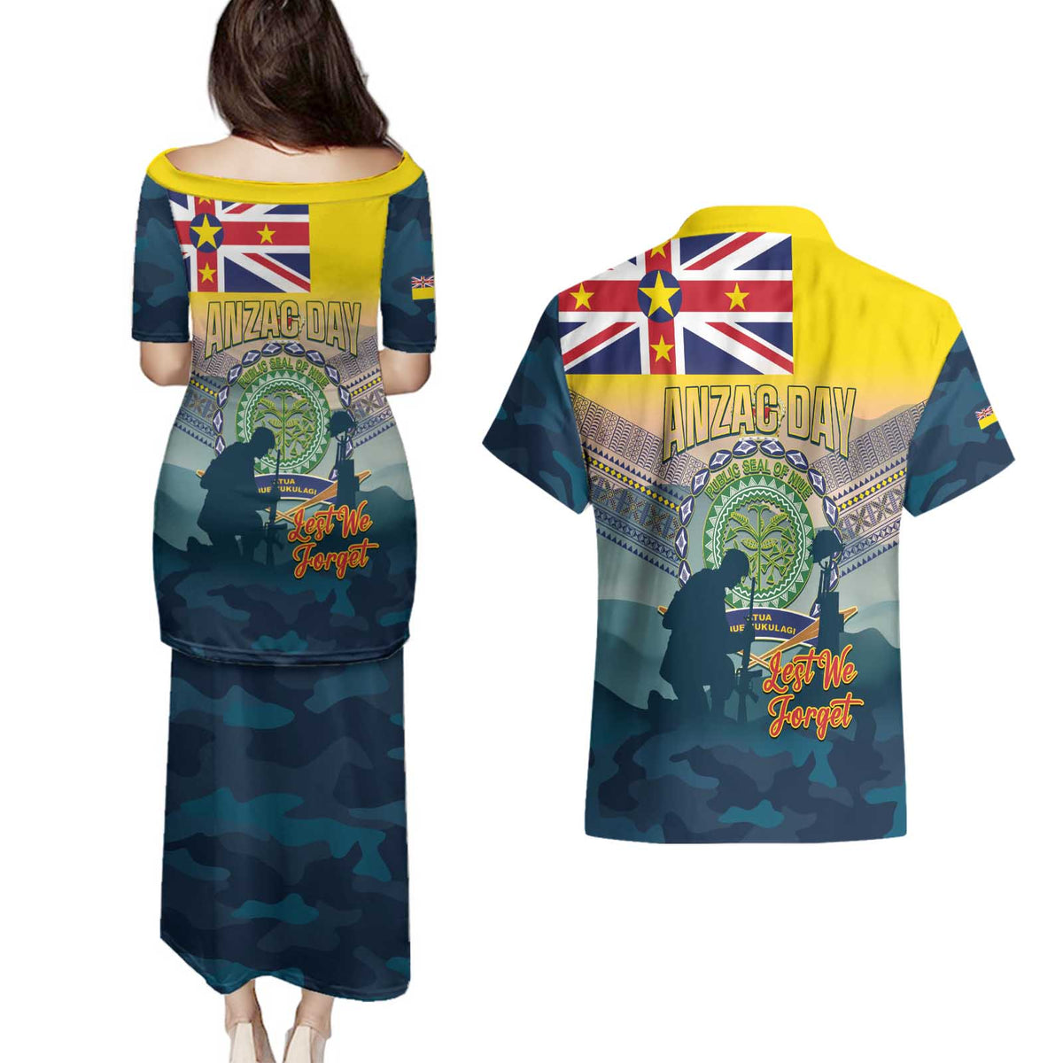 Niue ANZAC Day Couples Matching Puletasi and Hawaiian Shirt We Will Remember Them Camouflage Style