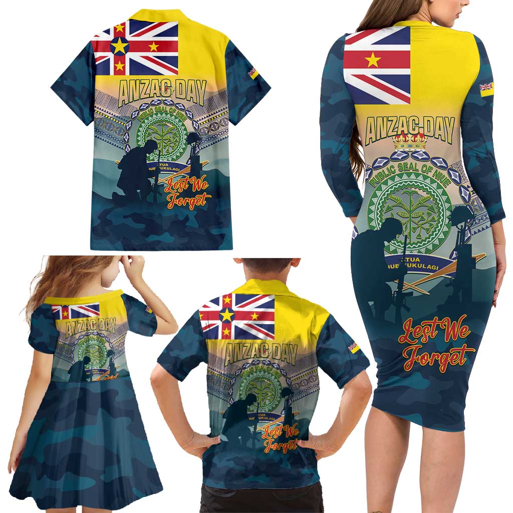 Niue ANZAC Day Family Matching Long Sleeve Bodycon Dress and Hawaiian Shirt We Will Remember Them Camouflage Style