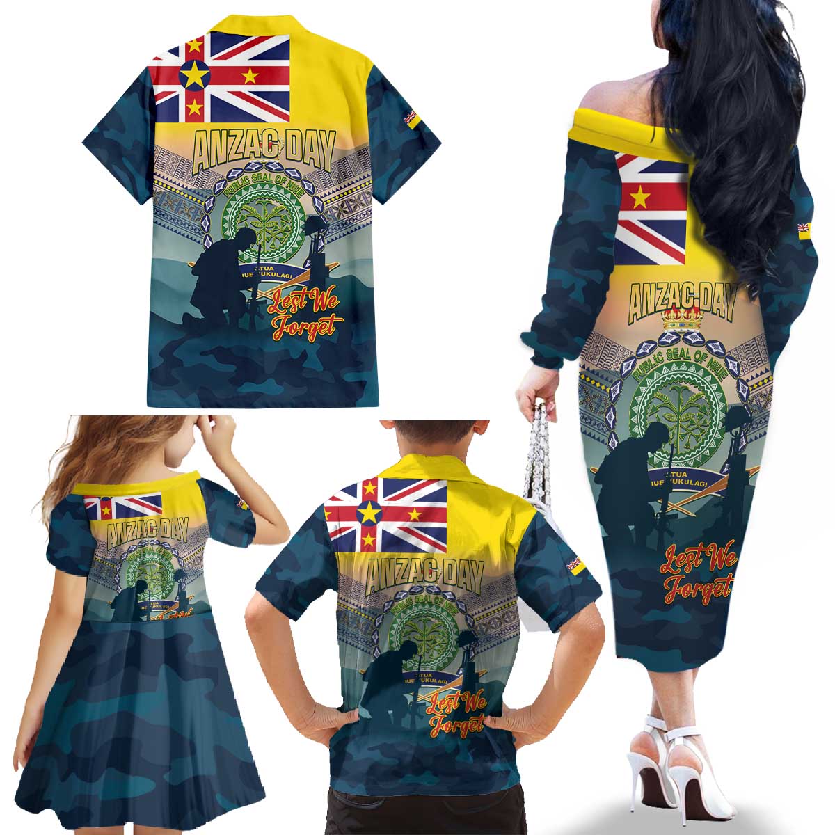 Niue ANZAC Day Family Matching Off The Shoulder Long Sleeve Dress and Hawaiian Shirt We Will Remember Them Camouflage Style