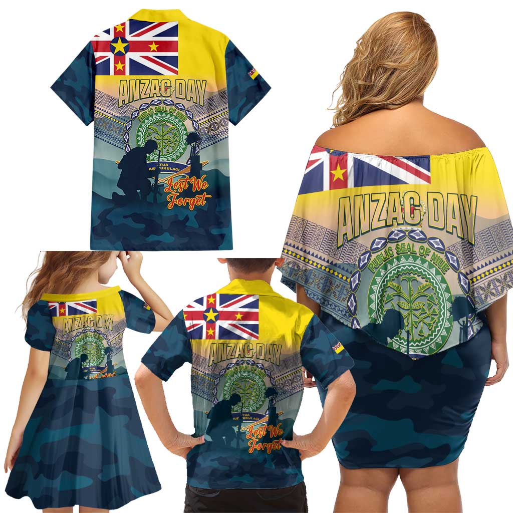 Niue ANZAC Day Family Matching Off Shoulder Short Dress and Hawaiian Shirt We Will Remember Them Camouflage Style