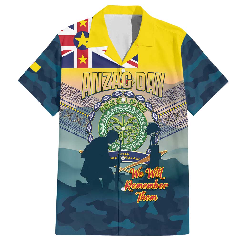 Niue ANZAC Day Family Matching Off Shoulder Short Dress and Hawaiian Shirt We Will Remember Them Camouflage Style