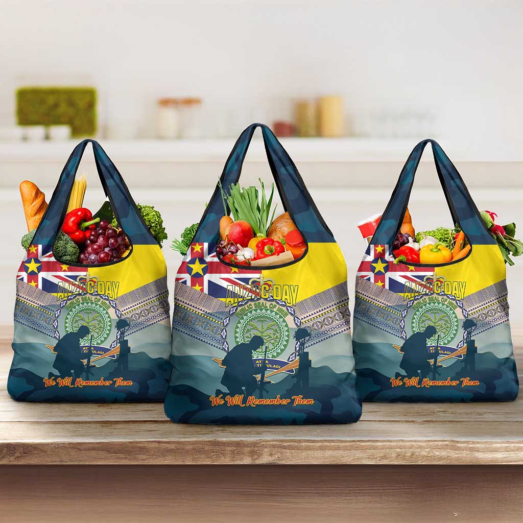 Niue ANZAC Day Grocery Bag We Will Remember Them Camouflage Style LT14 3-pack One Size Yellow - Polynesian Pride