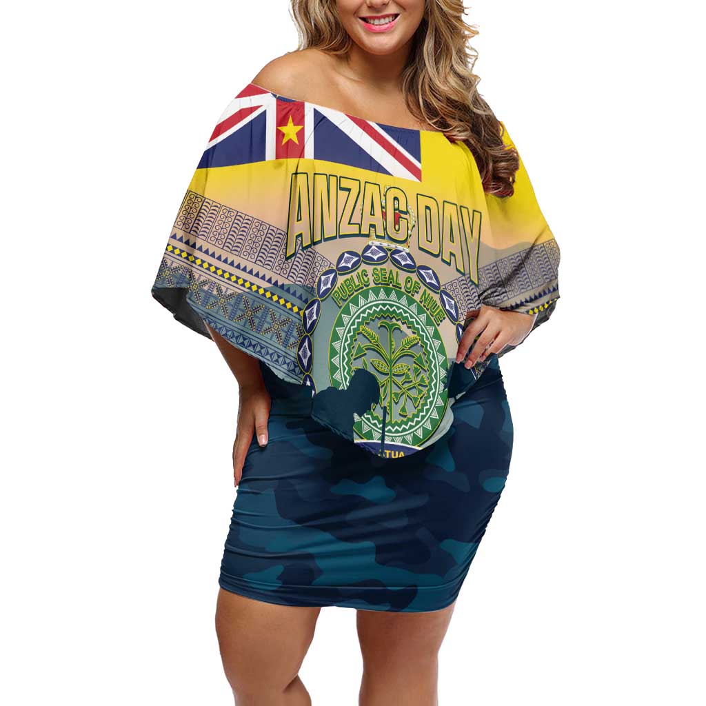 Niue ANZAC Day Off Shoulder Short Dress We Will Remember Them Camouflage Style