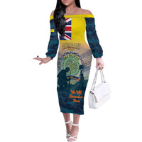 Niue ANZAC Day Off The Shoulder Long Sleeve Dress We Will Remember Them Camouflage Style