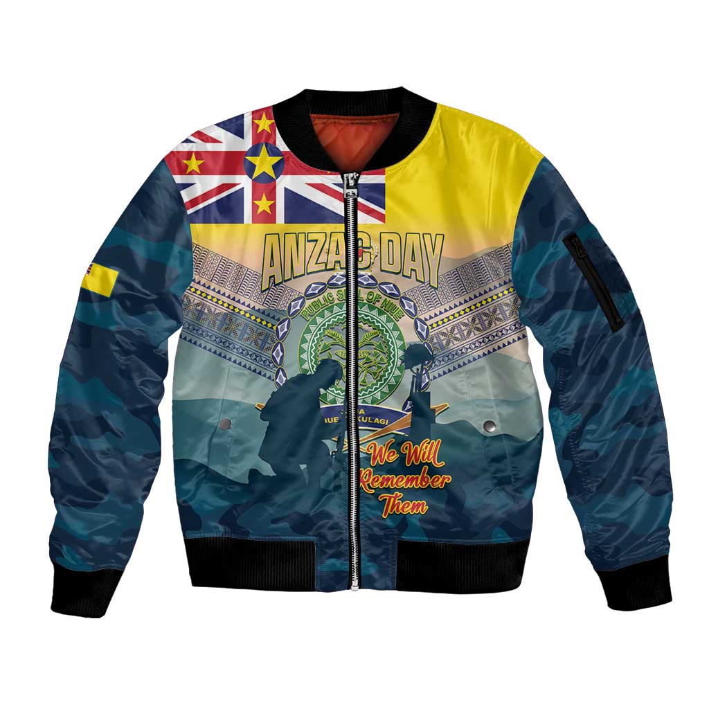 Niue ANZAC Day Sleeve Zip Bomber Jacket We Will Remember Them Camouflage Style LT14 Unisex Yellow - Polynesian Pride