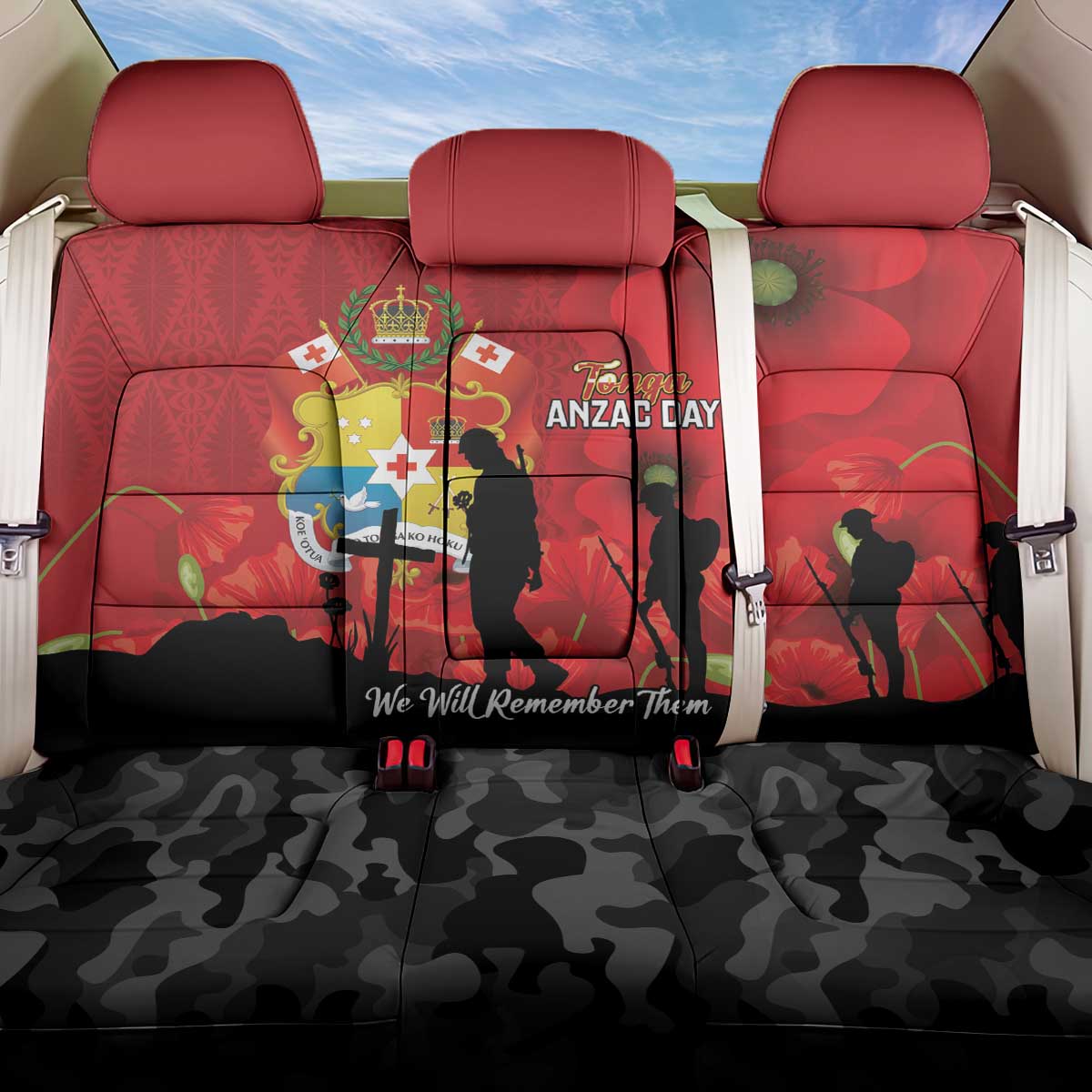 Tonga ANZAC Day Back Car Seat Cover Ngatu Pattern We Will Remember Them