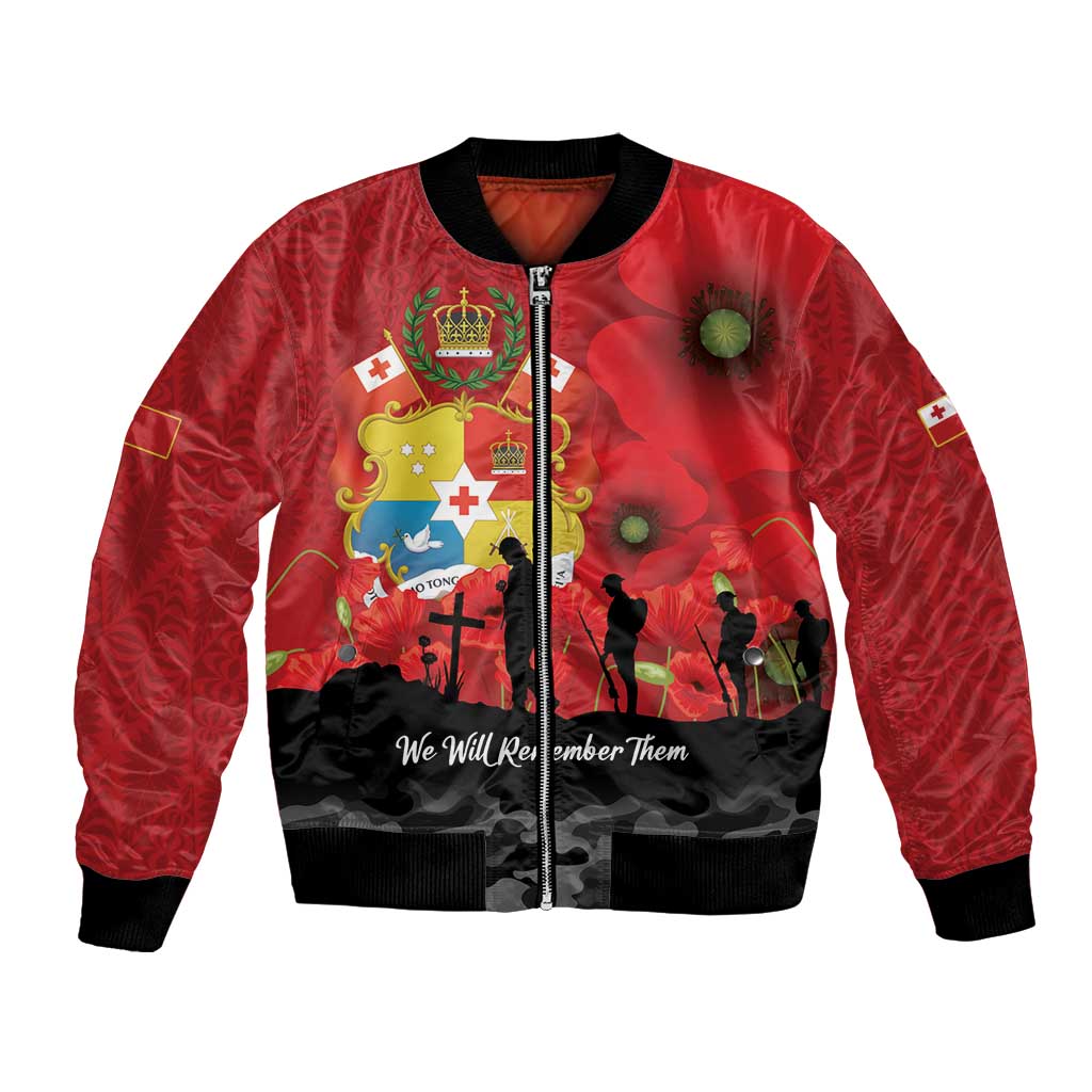 Tonga ANZAC Day Bomber Jacket Ngatu Pattern We Will Remember Them LT14 Unisex Red - Polynesian Pride