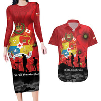 Tonga ANZAC Day Couples Matching Long Sleeve Bodycon Dress and Hawaiian Shirt Ngatu Pattern We Will Remember Them LT14 Red - Polynesian Pride