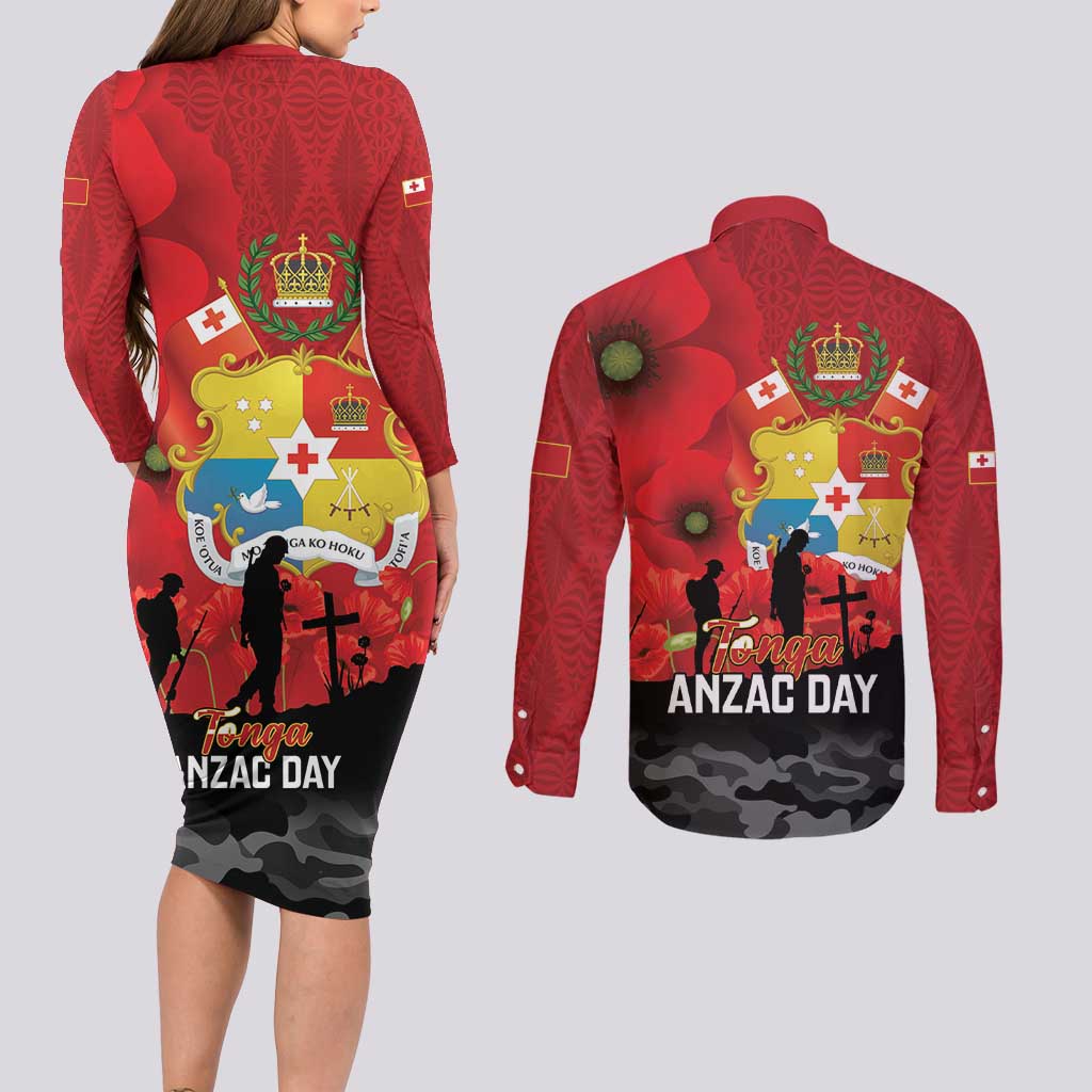 Tonga ANZAC Day Couples Matching Long Sleeve Bodycon Dress and Long Sleeve Button Shirt Ngatu Pattern We Will Remember Them LT14 - Polynesian Pride