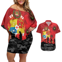 Tonga ANZAC Day Couples Matching Off Shoulder Short Dress and Hawaiian Shirt Ngatu Pattern We Will Remember Them