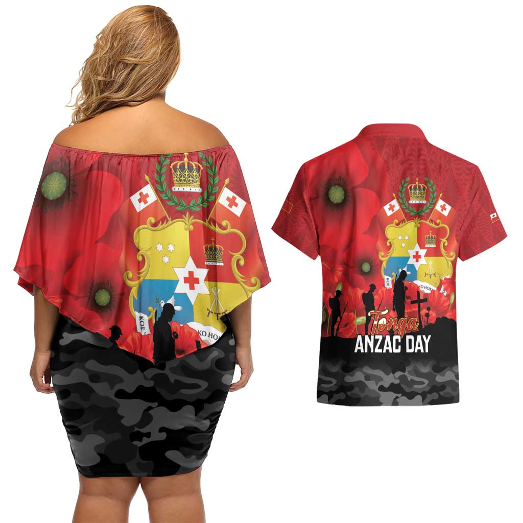 Tonga ANZAC Day Couples Matching Off Shoulder Short Dress and Hawaiian Shirt Ngatu Pattern We Will Remember Them