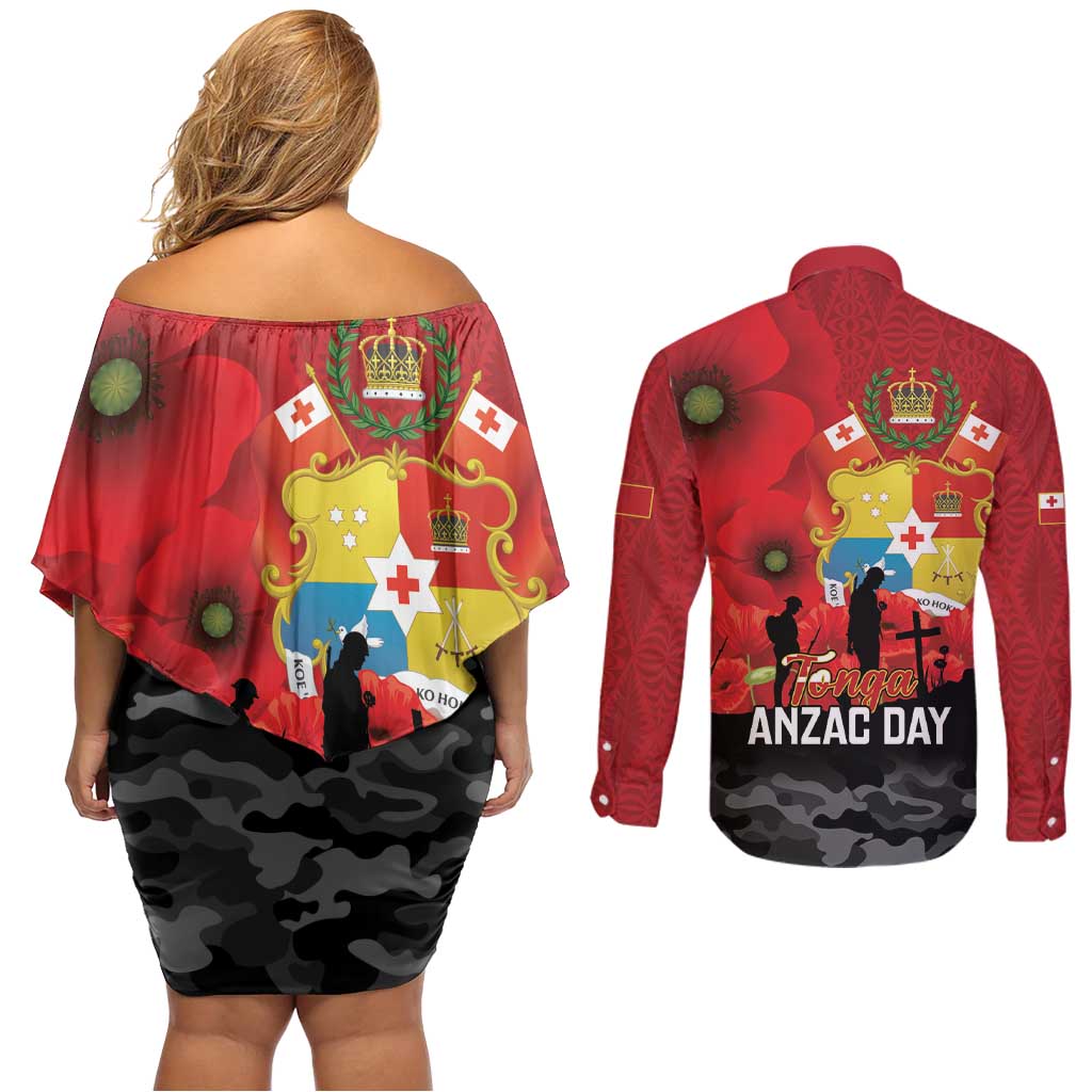 Tonga ANZAC Day Couples Matching Off Shoulder Short Dress and Long Sleeve Button Shirt Ngatu Pattern We Will Remember Them
