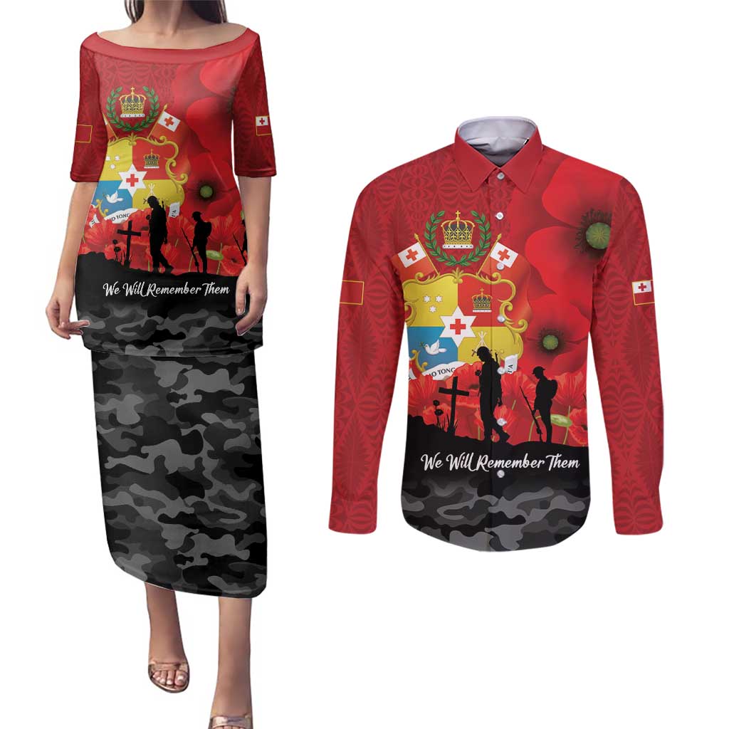 Tonga ANZAC Day Couples Matching Puletasi and Long Sleeve Button Shirt Ngatu Pattern We Will Remember Them