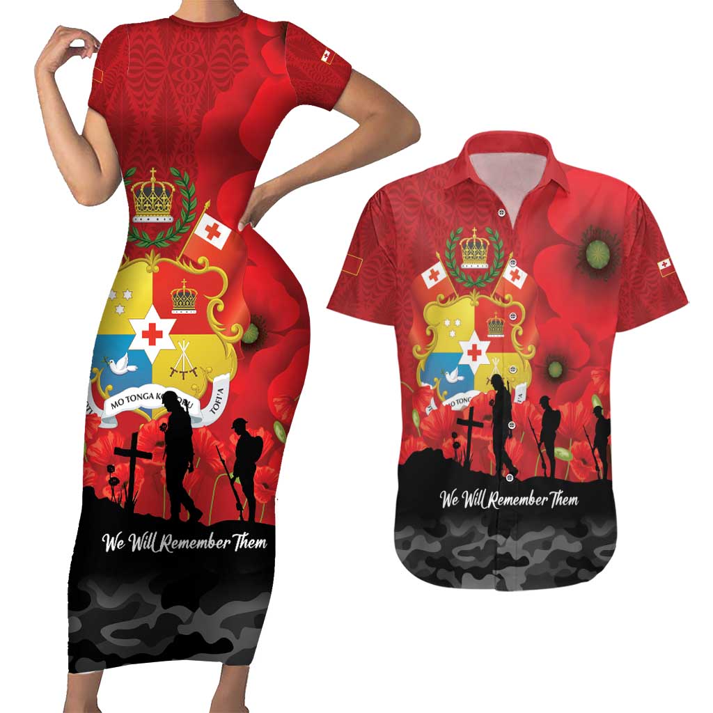 Tonga ANZAC Day Couples Matching Short Sleeve Bodycon Dress and Hawaiian Shirt Ngatu Pattern We Will Remember Them